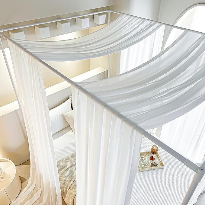 AIKASY White Bed Canopy Scarf for King - Luxury Sheer Canopy Bed Curtains with Light - Suitable for Four-Poster Bed, Metal Bed Frame, Wood Bed Frame -2pic