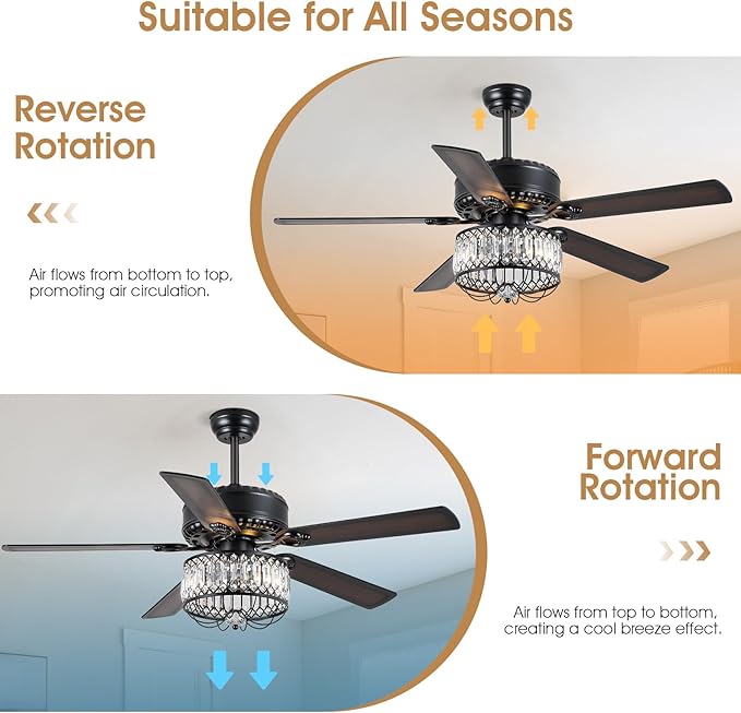 Chandelier Ceiling Fans with Lights - 52 Inch Modern Farmhouse Fandelier Ceiling Fan with Remote, Crystal Ceiling Fan Light for Bedroom Living Dining Room, Dual Finish Wooden Blades, Black