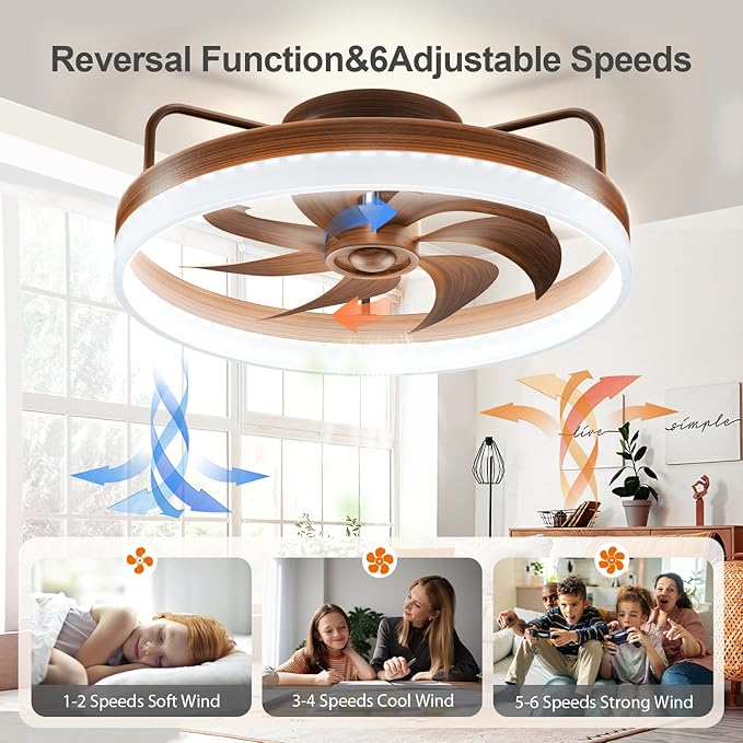 KDZ Low Profile Ceiling Fans with Lights and Remote, 20'' Bladeless Fandelier Ceiling Fans with Remote App, 3000-6000K Color Temperature Flush Mount Wooden Ceiling Light with 6 Speeds For Bedroom
