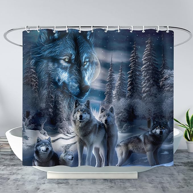 AILONEN Boys Snow Wolf Shower Curtain for Bathroom Decor,3D Night Galaxy Starry Wolf Decor Bath Curtain 72" W*72" H Polyester Fabric Waterproof Bathroom Curtain with 12 Hooks