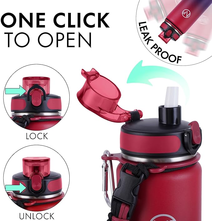 32 oz Insulated Water Bottle With Detachable Straw & Paracord Handle, Stainless Steel Thermos Water Bottle with Leakproof Lockable Lid, BPA-Free Sports Bottle (Rose Purple Gradient)