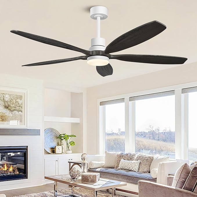 60" Ceiling Fan with Light and Remote,Reversible DC Motor,6Speed,Modern Natural Wood Ceiling Fan with Dimmable LED for Outdoor Patios Bedroom Living Room,Grey Walnut and White