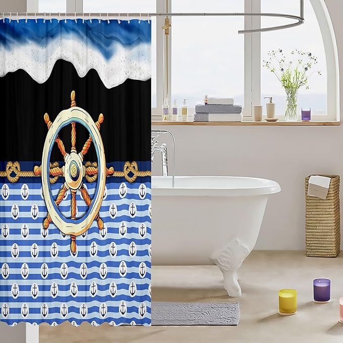Feelyou Anchor Decor Shower Curtain 72"x72" Kids Nautical Bathroom Shower Curtain Set for Boys Girls Teens Black Blue Ocean Wave Bath Curtain Marine Theme Compass Print Bathroom Accessories