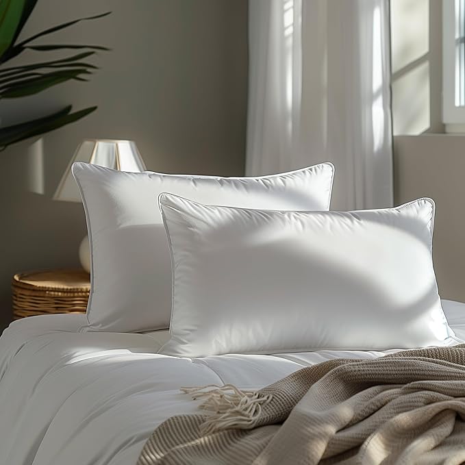 Goose Down Feather Pillows, Soft Bed Pillows Standard Size Set of 2, 100% Soft Cotton Shell, Bedding Pillow for Back, Stomach or Side Sleepers