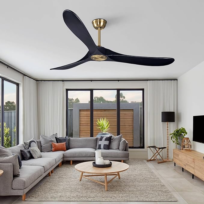 Bigzone 60" Black Ceiling Fan Without Light, DC Motor Quiet Energy Saving,3 Balsa Black Wood Blades,Wood Ceiling Fan With Remote Control, Reversible Blades