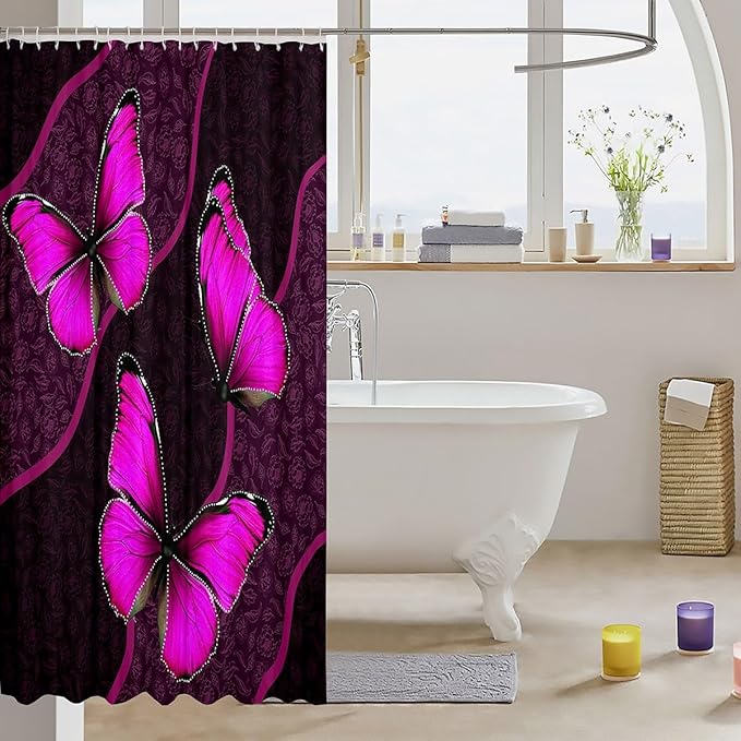 Feelyou Butterfly Shower Curtain 72"x78" Kids Butterflies Botanical Floral Print Bathroom Shower Curtain Set for Boys Girls Teens Geometric Stripes Bath Curtain Rose Bathroom Accessories