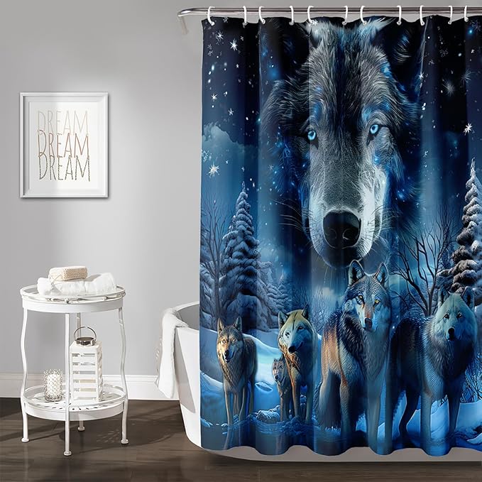 AILONEN 3D Howling Wolf Shower Curtain for Bathroo,Night Galaxy Starry Wolf Safari Animal Print Boys Teen Decor Bath Curtain 72" W*84" H Polyester Fabric Waterproof Bathroom Curtain with 12 Hooks