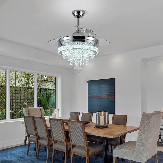 LEONTYNE 42" Modern Fandeliers Chandelier Ceiling Fan LED Dimmable Crystal Ceiling Fan with Light and Remote 6 Speed 3 Blades Retractable Fans for Bedroom Living Dining Room