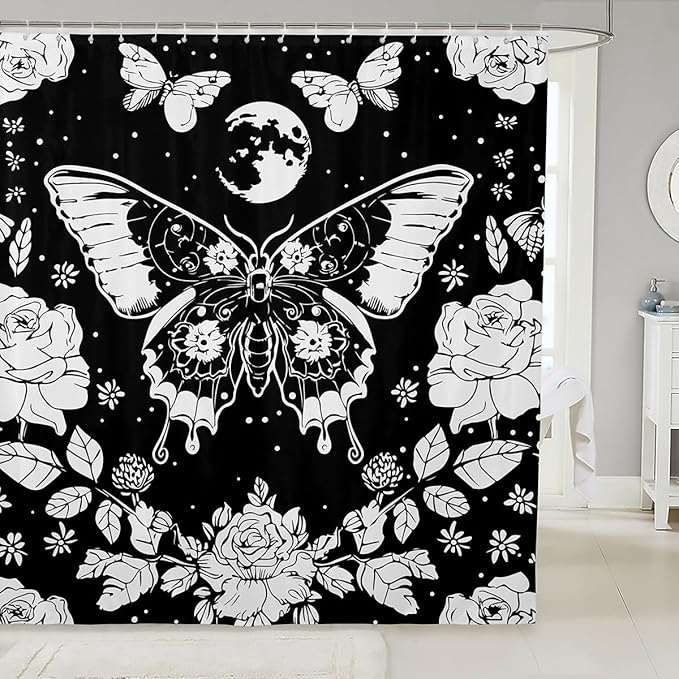 Feelyou Moon Butterfly Shower Curtain Bohemian Moth Fabric Curtain Kids Boys Girls Galaxy Floral Botanical Bathroom Waterproof Accessories with 12 Hooks Boho Exotic Style Black Curtains,72x84 Inches