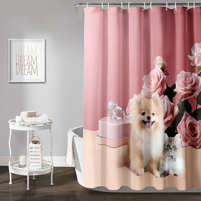 AILONEN Girls Pink Shower Curtain for Bathroom, Rose Flower and Cute Kawaii Dog Cat Pattern Bathroom Decor 72" W*84" H Bath Curtain Polyester Waterproof Shower Curtain with 12 Hooks