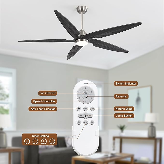 Modern Ceiling Fan with Lights and Remote, 5 Solid Wood Reversible Blades, 6-Speed Noiseless DC Motor with Replaceable Downrods for Bedroom Living Room Dining Room (Nickel and Gray, 64")
