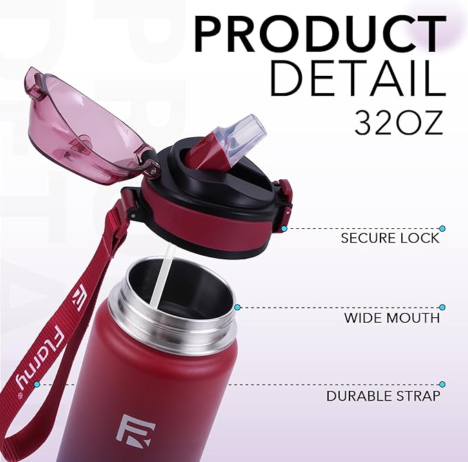32 oz Insulated Water Bottle with Straw, Stainless Steel Metal Thermos Bottles, Durable Non-Slip Gradient Bottle with Strap for Sports and Travel, Leak Proof (Red Blue)