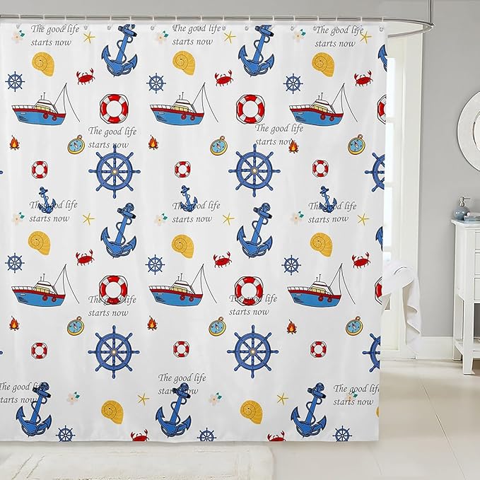 Feelyou Anchor Decor Shower Curtain 72"x78" Kids Sailboat Printed Bathroom Shower Curtain Set for Boys Girls Teens Nautical Compass Print Bath Curtain Ocean Marine Themed Bathroom Accessories