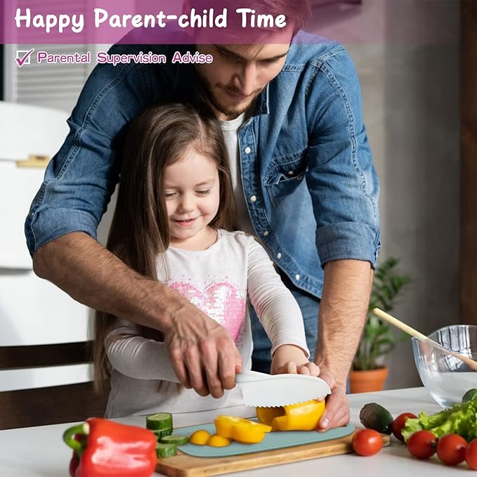 Kids Knife Set, Kids Knifes for Real Cooking, 3 Pieces Kids Knife with Cutting Board, BPA-Free Kids Kitchen Knife with Serrated Edges for Cutting Fruit, Vegetable, Salad, Bread,Sandwich