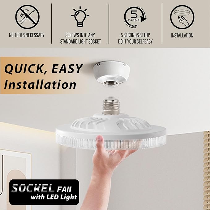 Socket Fan Light -9''Ceiling Fans with Lights,Mini Light Socket Fan with Led Light,White -6500k Lights Fan,Socket Room Fan for Bedroom,Garage