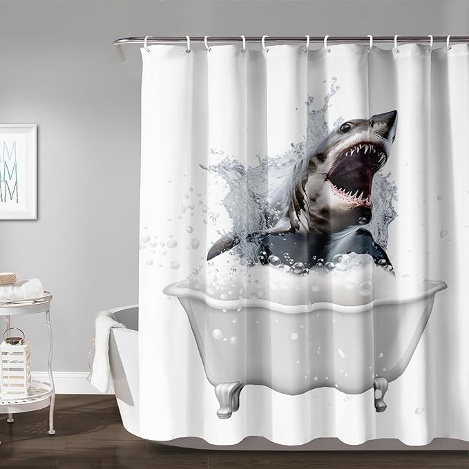 AILONEN 3D Bathtub Shark Shower Curtain for Kids 120 * 180 Inch,Fierce Shark in a Bathtub Shower Curtain,12 Pack Hooks Polyester Waterproof Fabric Decor for Bathroom Bathtub Panels
