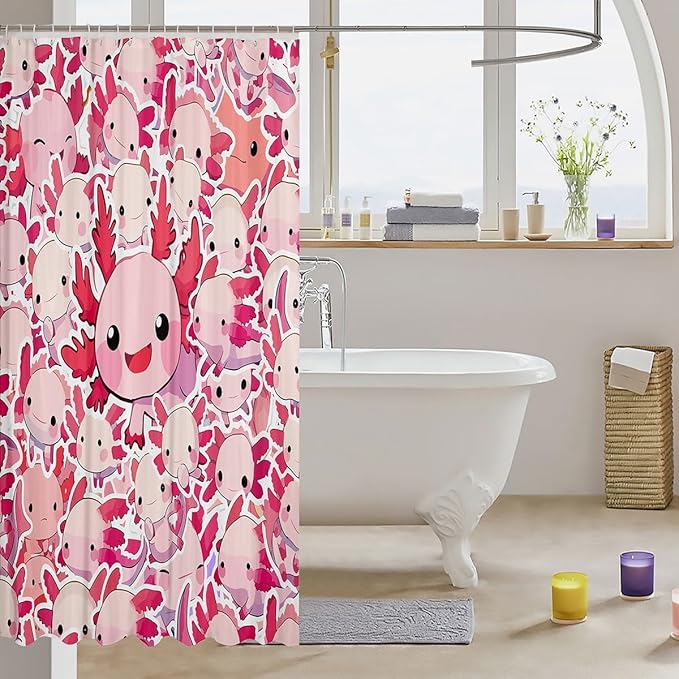 Feelyou Boys Girls Cute Axolotl Shower Curtain Ocean Sealife Bathroom Shower Curtain Set Kids Cartoon Salamander Bath Curtain Kawaii Teens Bathroom Accessories Room Decor 72"x84"