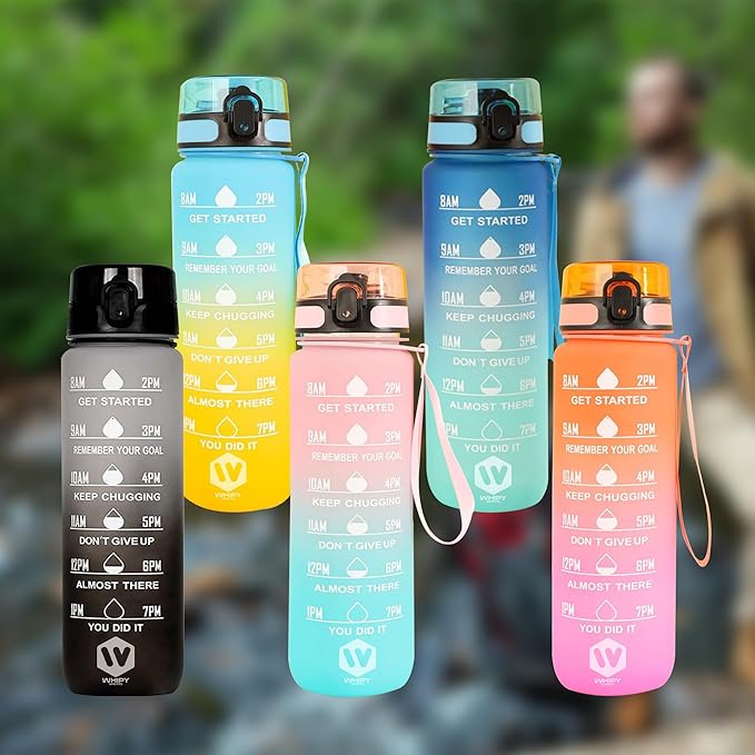 32 oz Water Bottle with Time Marker Leak-Proof & BPA Free Reusable Gym Water Bottle Easy to Carry Motivational Water Bottle for Fitness, Sports, Outdoor, Cycling, School & Office (Blue & Pink)