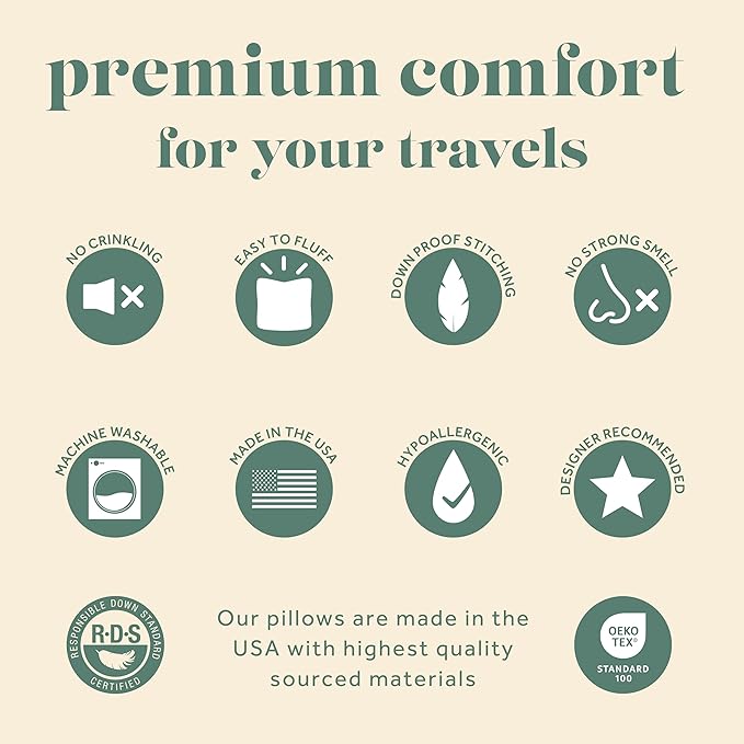 Goose Down Travel Pillow - Filled with 800 Fill Power European Goose Down, Egyptian 300 Thread Count 100% Cotton Cover for Plane car & Home - Made in USA (12x16)