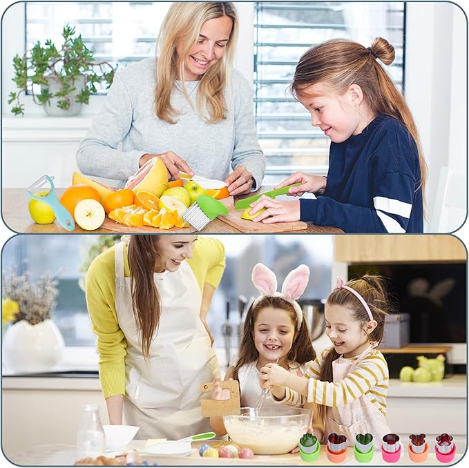 17PCS Wooden Kids Kitchen Knife,4PCS Plastic Serrated Edge Toddler Knife,Nylon Kids knife Set With Kids Apron Gloves Cutting Board Potato Slicers and Peeler DIY Mold,Kids Kitchen Tool for Real Cooking