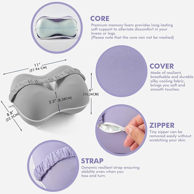 Kevity [Large] Knee Pillow for Side Sleepers Hip Pain, Memory Foam Leg Pillow for Side Sleeping, Cushion for Sciatica, Back, Pregnancy & Spine Alignment with Washable Cooling Cover (Grey)