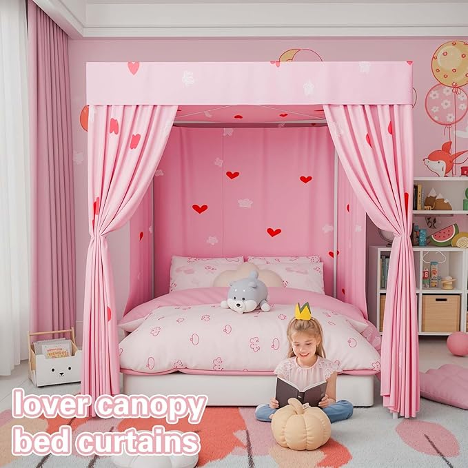 Love Canopy Bed Curtains - 4 Corner Post Bed Curtains Canopy Full Bed Canopy Curtains for Children Girls Bedroom Decoration(Love, Full)