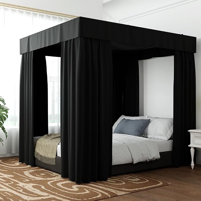 Hvqic Black Canopy Bed Curtains - 4 Corner Post Bed Curtains Full Bed Curtains Lightproof Drapes Bed Canopy for Adults & Girls Bedroom Decoration(Full,Black)