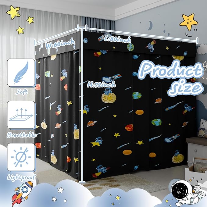 Hvqic Black Canopy Bed Curtains - 4 Corner Post Bed Curtains Queen Bed Curtains Lightproof Drapes Bed Canopy for Adults & Girls Bedroom Decoration(Queen,Black-Planet)