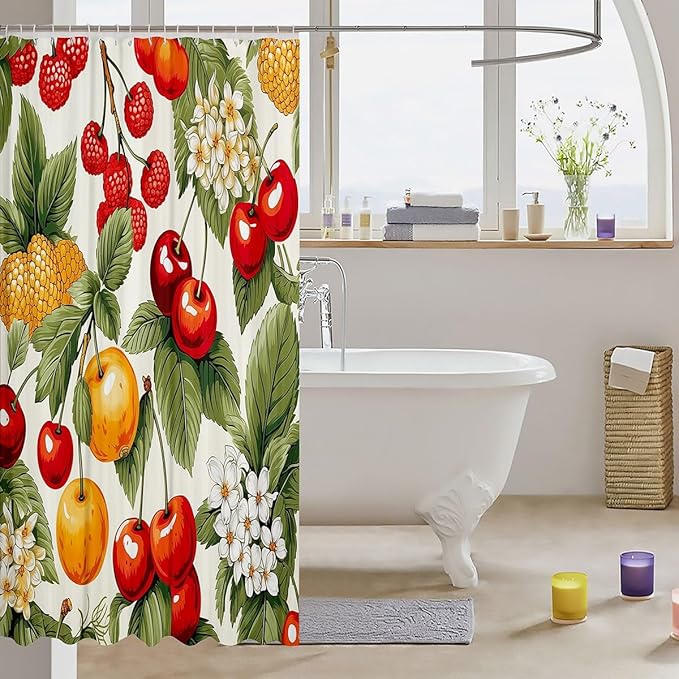 Feelyou Cherry Orange Shower Curtain Fruit Fabric Shower Curtain for Kids Boys Girls Summer Theme Bathroom Waterproof Accessories with 12 Hooks Bright Colorful Curtains,72x72 Inches