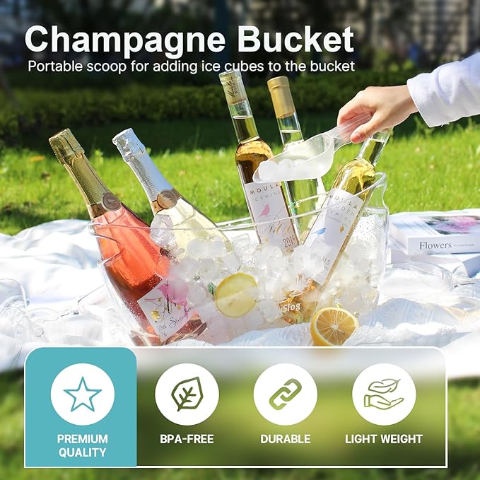 2Pcs 5.5L Ice Buckets for Parties, Acrylic Champagne Bucket, Ice Bucket with Scoop, Plastic Tub for Cocktail Bar, Clear Ice Bucket Beverage Tub for Champagne, Wine, Beer Bottles
