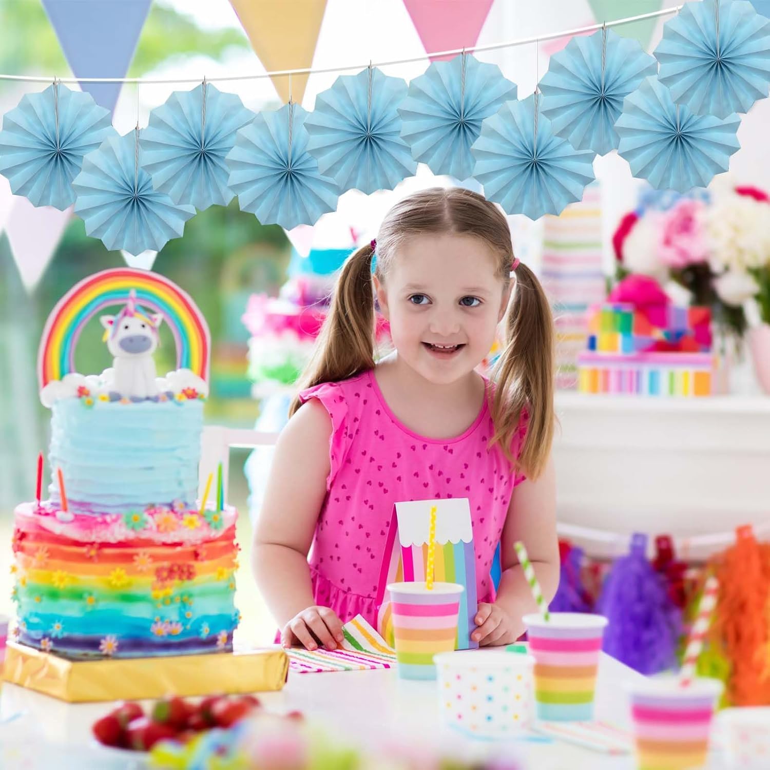 Blue Graduation Party Decor,Baby Blue Party Decorations,Christmas Baby Shower Decorations,Under The Sea Decorations,Blue Bachelorette Party 8in Hanging Paper Fans 30 Color DIY Set (Light Blue)