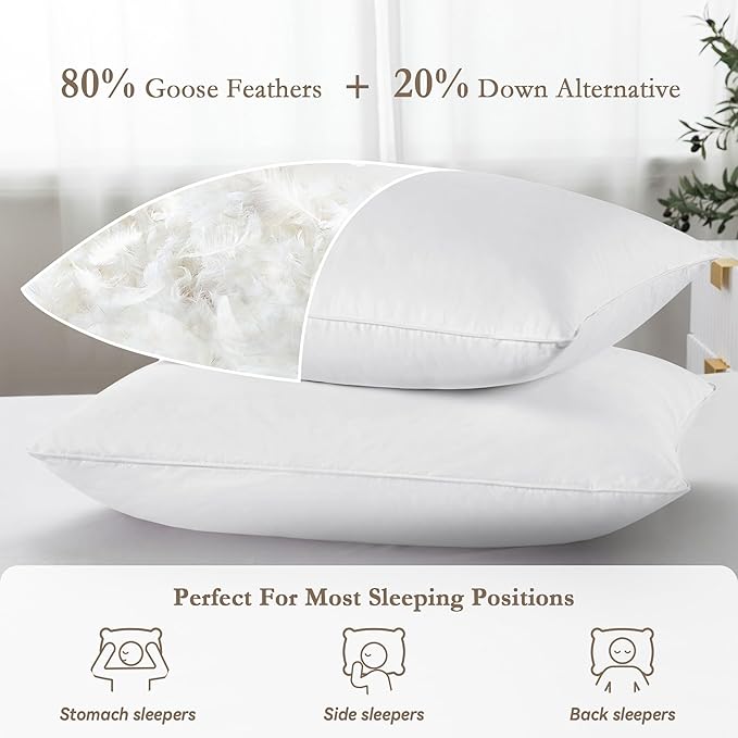 puredown® Feather Pillows with 100% Cotton Cover, Set of 2 Bed Pillows for Sleeping, Standard Size