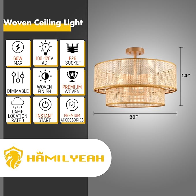Hamilyeah 20 inch Ceiling Light Fixture Flush Mount Double Layer, Boho Light Fixture Ceiling Mount Wicker Shade, Bamboo Woven Rattan Light Fixture Ceiling for Living Room, Bedroom, Dining Room