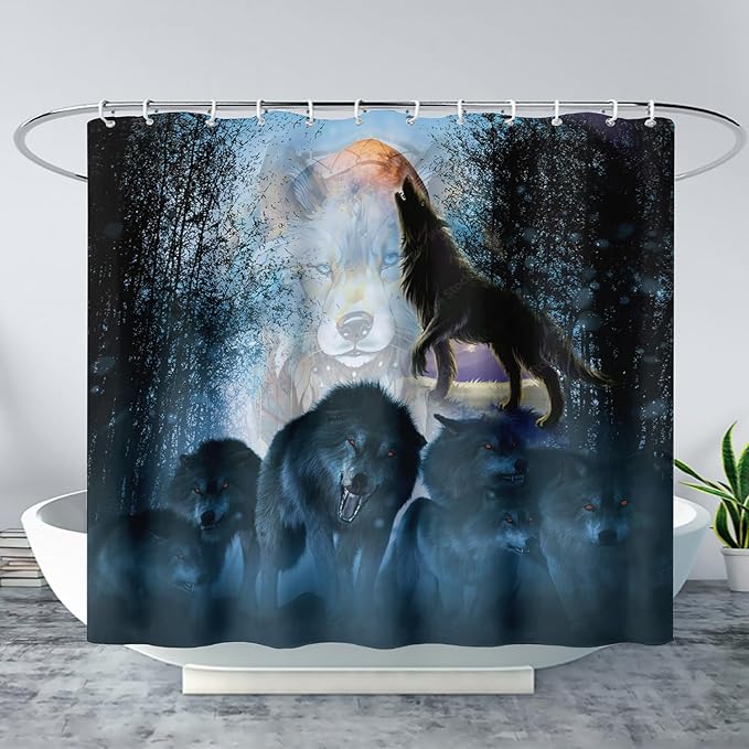 AILONEN Boys Wolf Shower Curtain for Bathroom Decor,3D Howling Wolf Ferocious Wolf Wildlife Decor Bath Curtain 72" W*84" H Polyester Fabric Waterproof Bathroom Curtain with 12 Hooks