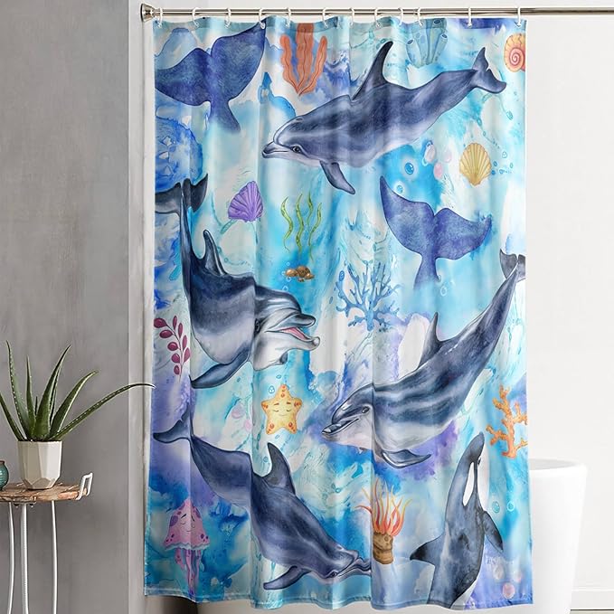 AILONEN Cute Cartoon Whale Shower Curtain,Kawaii Marine Animal Whale Bathroom Curtain for Kids Girls Boys,Blue Tie Dye Bath Curtain Set,Seaweed Fabric Shower Curtains for Bathroom, 72" W*84" H