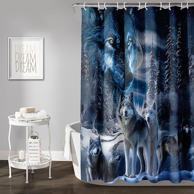 AILONEN Boys Snow Wolf Shower Curtain for Bathroom Decor,3D Night Galaxy Starry Wolf Decor Bath Curtain 72" W*78" H Polyester Fabric Waterproof Bathroom Curtain with 12 Hooks
