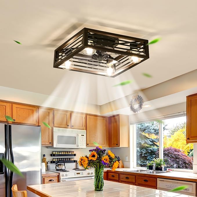 NicBex Ceiling Fan 18 Inch Ceiling Fans with Lights Industrial Caged Ceiling Fan with Blades and Remote Control Ceiling Fans with Flush Mount Design for Bedroom, Living Room, Brown
