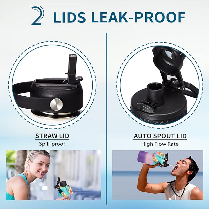 32 40/64/128 oz Flask Water Bottles Insulated - with Straw Auto Spout Lid, Water Bottle Stainless Steel Keep Cold 48H Hot 24H, Metal Water Bottle with Strap, Paracord Handle, Protective Boot