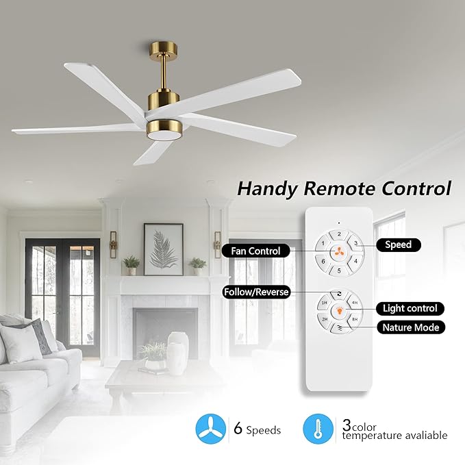 WINGBO 72 Inch DC Ceiling Fan with Lights and 3 Downrods, 5 Reversible Carved Wood Blades, 6-Speed Noiseless DC Motor, Large Ceiling Fan in Brass Finish with White Blades, ETL Listed