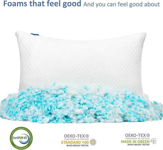 Shredded Memory Foam Pillows for Sleeping 2 Pack - Cooling Bed Pillows King Size Set of 2 - Medium Frim Gel Pillows for Side & Back Sleeper with Washable Removable Cover