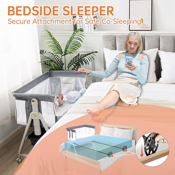 3 in 1 Baby Bassinet Bedside Sleeper, 6 Height Adjustable Portable Baby Crib Bedside Bassinet with Wheels, Mosquito Net & Storage Basket for Safe Co-Sleeping, Fit for Newborn/Infants (Gray)