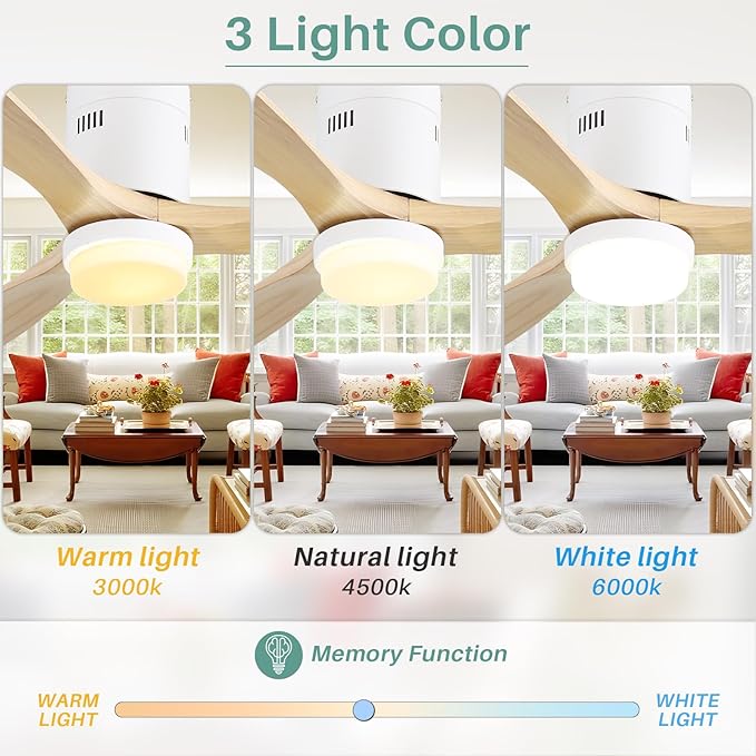 Sofucor Low Profile Ceiling Fan, Flush Mount Ceiling Fan with Lights and Remote Control, 52'' Wood Ceiling Fan with 3 Color Temperature & Adjustable Brightness, Burlywood