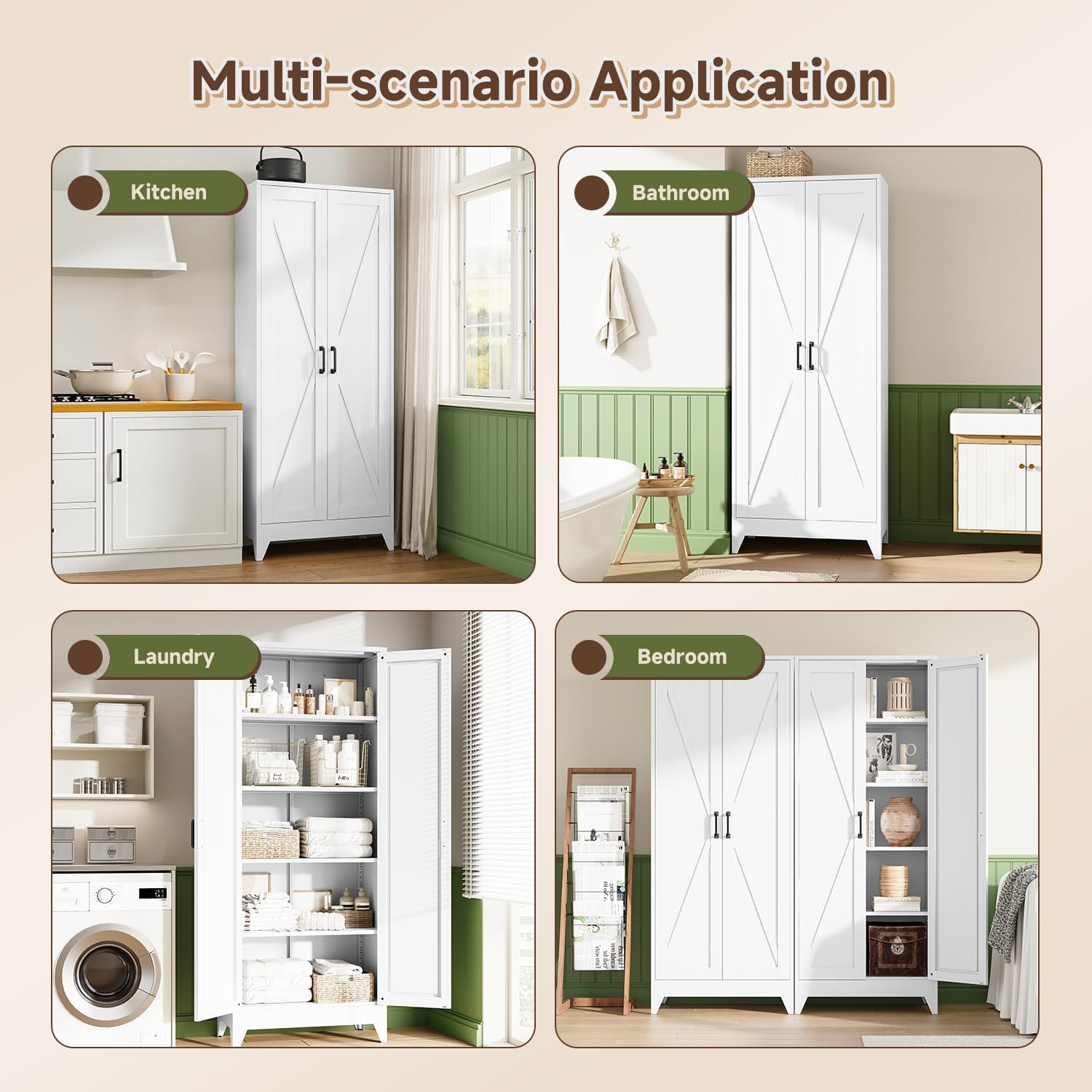 Letaya Storage Cabinet,75" H Metal Kitchen Pantry Cabinets with Doors and Adjustable Shelves,Pantry Organizers for for Cupboard/Office/Garage Room,White