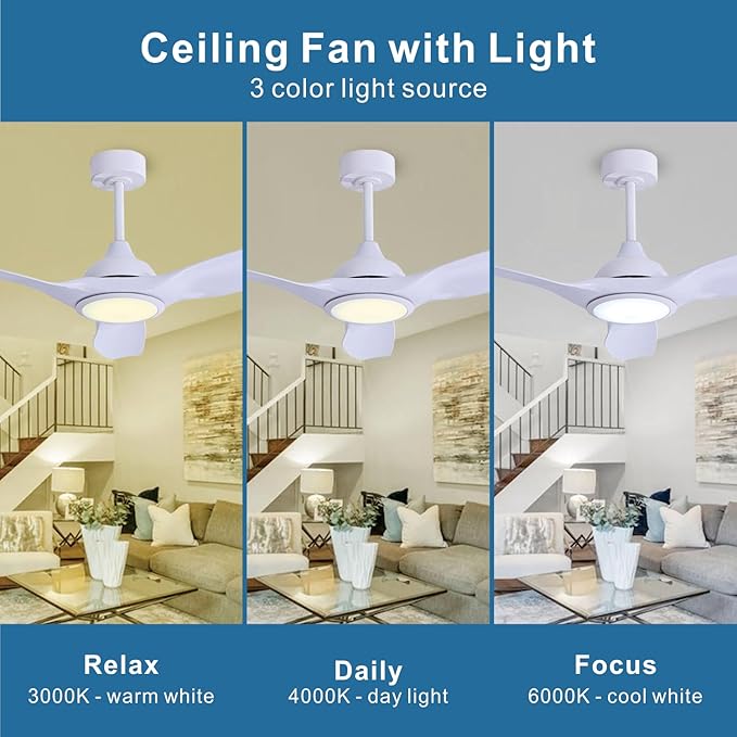 52 inch Ceiling Fan with Light and Remote Control, for Indoor or Covered Outdoor, LED White Morden Quite DC Motor 3 Colour Temperature, Living Room Master Bed Room Patio (52in)