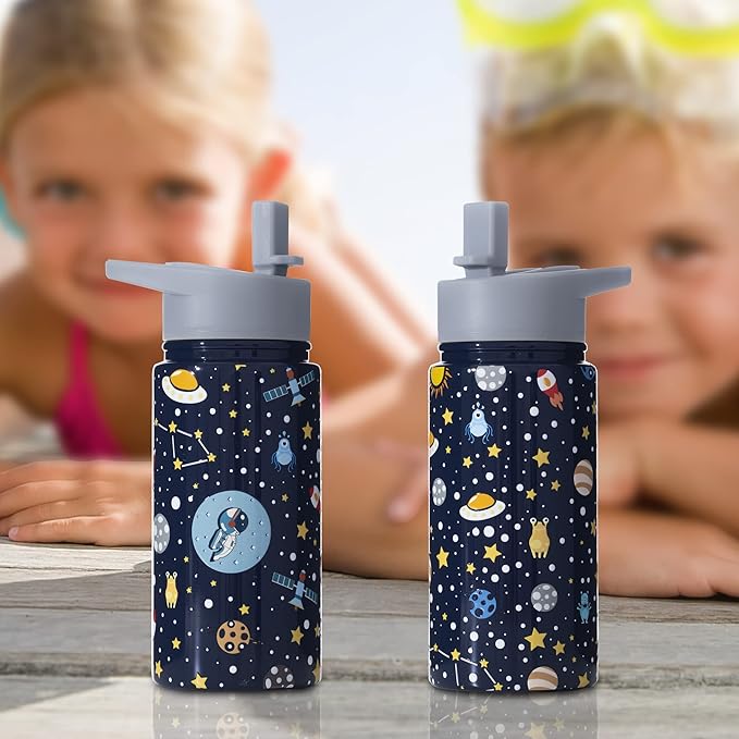 15oz Space Insulated Stainless Steel Water Bottle With Straw & Brush, Christmas Birthday Gifts for School - Hand Wash Only