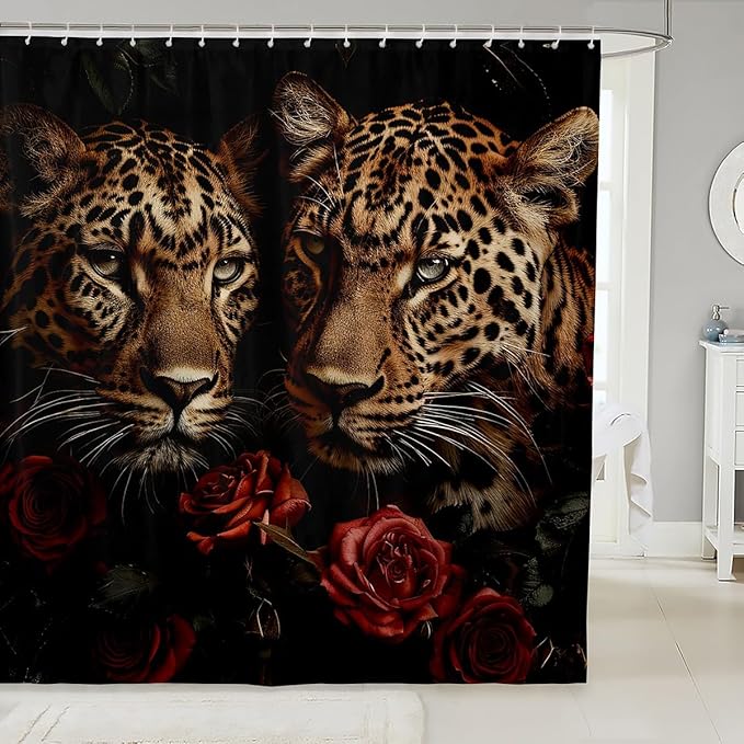 Feelyou Leopard Shower Curtain Rose Leopard Bathroom Shower Curtain Set Wild Animal Bath Curtain for Kids Boys Girls Boys Leopard Kids Bathroom Accessories Frighting Leopard 72"x84"
