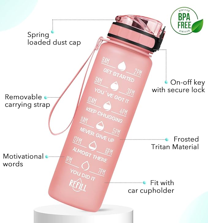32oz Motivational Water Bottle with Time Marker & Fruit Strainer, Leak-proof BPA Free Non-Toxic 1l Bottle with Carrying Strap, Perfect for Fitness, Gym and Outdoor Sports (Rose Quartz)