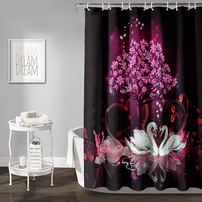 AILONEN Romantic Love Theme Shower Curtain for Girls Pink Love Tree Floral Valentine Bathroom Decor,Swan Couple Lover Bath Curtain 72" W*78" H Polyester Waterproof Bathroom Curtain with Hooks