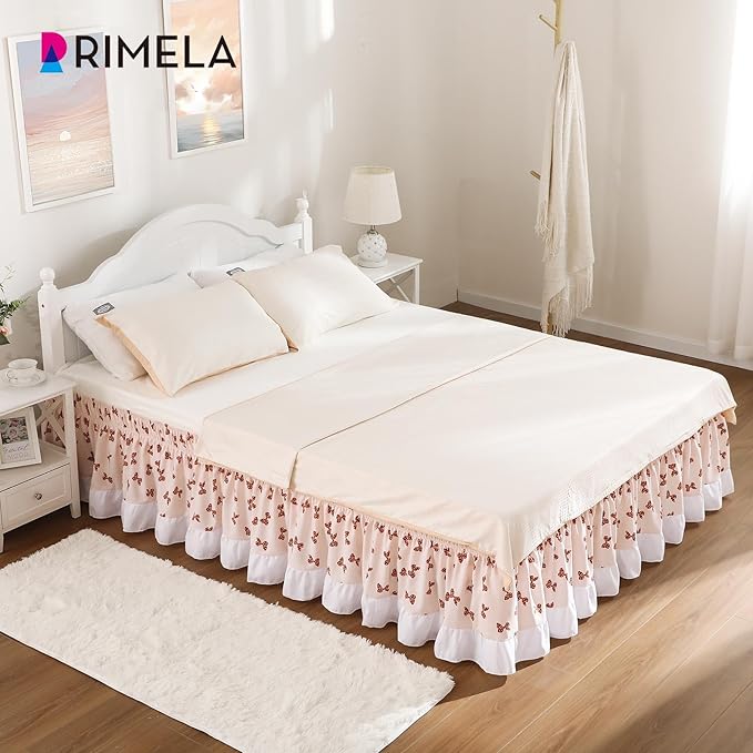 RIMELA Light Pink Elastic Bed Skirt Queen Szie 14 inch Drop, Bedskirt Easy to Put On, Solid Wrap Around Dust Ruffle, Fade Resistant Silky Fabric Machine Washable
