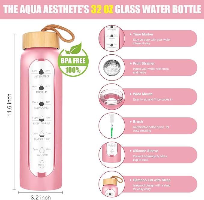 32 Oz Borosilicate Glass Water Bottle with Times to Drink | BPA Free - Reusable Wide Mouth Glass Motivational Water Bottles with Infuser & Silicone Sleeve (pink)